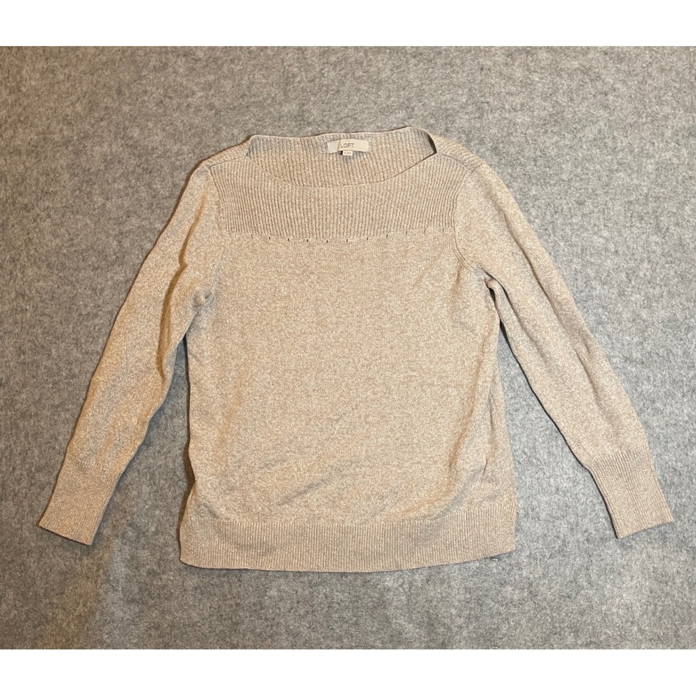 Loft Womens Beige Marled Boat Neck Ribbed Knit Pullover Sweater Size M